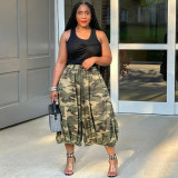 Plus Size Women Casual Denim Camo Wide Leg Cropped Pants