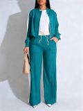 Women Fall Winter Button Jacket Top and Patchwork Wide Leg Pant Two Piece Set