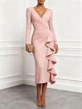 Women Solid V Neck Long Sleeve Ruffle Dress