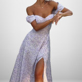 Women Fall Elegant Floral Off Shoulder Slit Maxi Dress