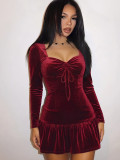 Women Velvet Long Sleeve Square Neck Tie Ruffle Hem Dress