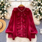 Women Ruffle Beaded Rhinestone Trim Top French White Blouse