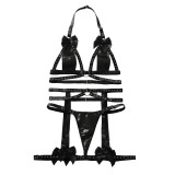 Women Bow Beaded Patchwork PU Leather Lingerie Two Piece Set