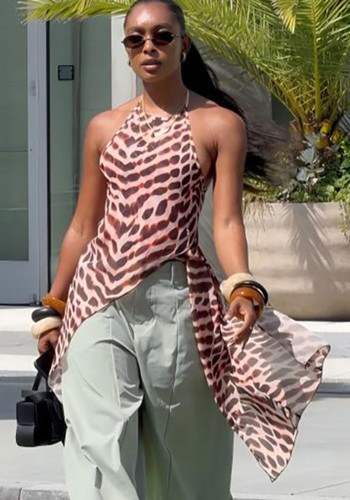 Women Summer Sleeveless Halter Neck Backless Irregular Top