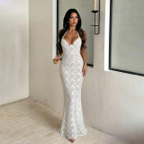 Women French Elegant Halter Neck Sexy Lace Maxi Dress