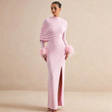 Women Fall Solid Shawl Feather Sleeve Slit Dress