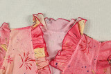 Women Pink Floral Color Block Summer Autumn Ruched V Neck Casual Holidays Ruffle T-shirt
