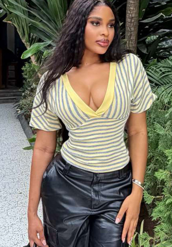Women V Neck Short Sleeve Casual Top Striped T-shirt