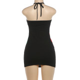 Women Summer Color Block Sleeveless Halter Neck Bodycon Dress