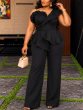 Plus Size Women Black Slash Shoulder Ruffle Elegant Formal Party Wide Leg Jumpsuit