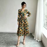 Women Print Long Sleeve V Neck Fall Elegant Casual Dress