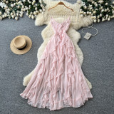 Women French Slip Summer Ruffle Cross Backless Holidays Maxi Dress