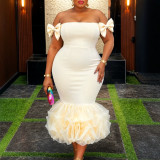 Plus Size Women Off Shoulder Bow Strapless Mesh Ruffle Elegant Mermaid Bodycon Dress