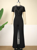 Plus Size Women Round Neck Short Sleeve Beaded Jumpsuit
