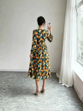 Women Print Long Sleeve V Neck Fall Elegant Casual Dress