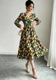 Women Print Long Sleeve V Neck Fall Elegant Casual Dress