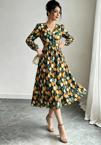 Women Print Long Sleeve V Neck Fall Elegant Casual Dress