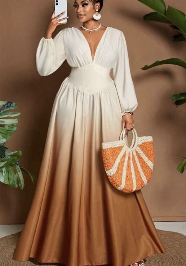 Women V Neck Corset Print Long Sleeve Maxi Dress