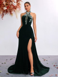 Women’s Velvet Halter Neck Rhinestone Cutout High Slit Formal Party Evening Gown