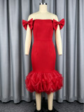 Plus Size Women Off Shoulder Bow Strapless Mesh Ruffle Elegant Mermaid Bodycon Dress