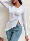 Women Slash Shoulder Side Ruched Irregular Slit Long Sleeve T-shirt Top