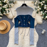 Women Fake Two Piece Patchwork Denim Knit Long Sleeve Tie Top