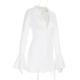 Women V Neck Bell Sleeve Shirt Pearl Bodycon Dress