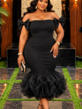 Plus Size Women Off Shoulder Bow Strapless Mesh Ruffle Elegant Mermaid Bodycon Dress