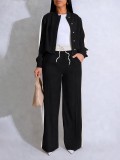 Women Fall Winter Button Jacket Top and Patchwork Wide Leg Pant Two Piece Set