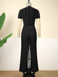 Plus Size Women Round Neck Short Sleeve Beaded Jumpsuit