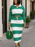 Women’s Chic Casual Striped Polo Shirt and Skirt Two Piece Set
