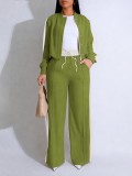 Women Fall Winter Button Jacket Top and Patchwork Wide Leg Pant Two Piece Set