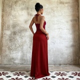 Women Patchwork Slit Halter Neck Tie Maxi Dress