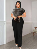 Plus Size Women Round Neck Short Sleeve Beaded Jumpsuit