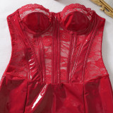 Women’s Sexy Rose Floral Lace Patchwork Leather Slim Waist Bodycon Dress with Thong
