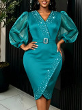 Women V Neck Puff Sleeve See-Through Beaded Dress