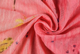 Women Pink Floral Color Block Summer Autumn Ruched V Neck Casual Holidays Ruffle T-shirt