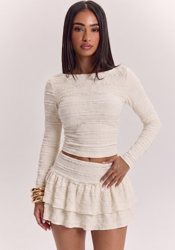 Women Lace-Up Top and Multi-Layer Cake Skirt Two Piece Set