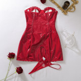 Women’s Sexy Rose Floral Lace Patchwork Leather Slim Waist Bodycon Dress with Thong