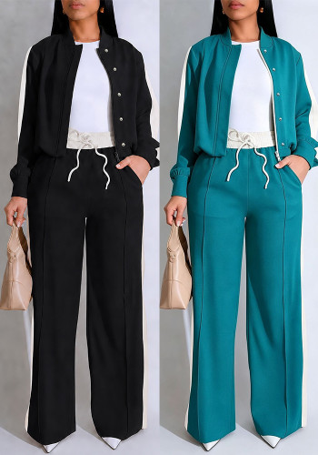 Women Fall Winter Button Jacket Top and Patchwork Wide Leg Pant Two Piece Set
