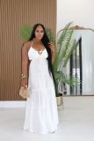 Women Solid Linen Sexy Backless Slip Patchwork Tie Maxi Dress