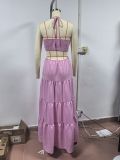Women Solid Linen Sexy Backless Slip Patchwork Tie Maxi Dress