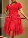 Plus Size Women Beaded Short Sleeve Elegant V Neck Ruffle Mesh Dress