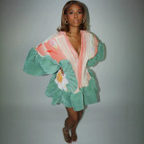 Women V Neck Pleated Ruffle Bell Sleeve Dress