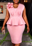 Plus Size Women Pink Floral V Neck Sleeveless Ruffle Waist Formal Party Elegant Bodycon Dress