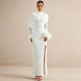 Women Fall Solid Shawl Feather Sleeve Slit Dress