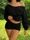 Women Long Sleeve Slash Shoulder Top and Shorts Two Piece Set