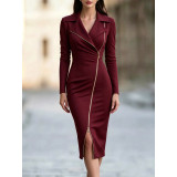 Women Long Sleeve Turndown Collar Zip Dress