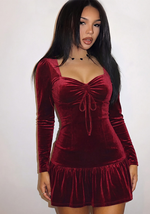 Women Velvet Long Sleeve Square Neck Tie Ruffle Hem Dress