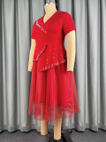 Plus Size Women Beaded Short Sleeve Elegant V Neck Ruffle Mesh Dress
